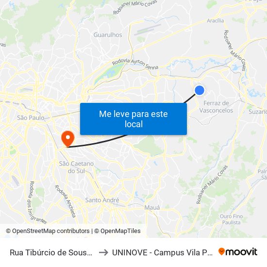 Rua Tibúrcio de Sousa 1561 to UNINOVE - Campus Vila Prudente map