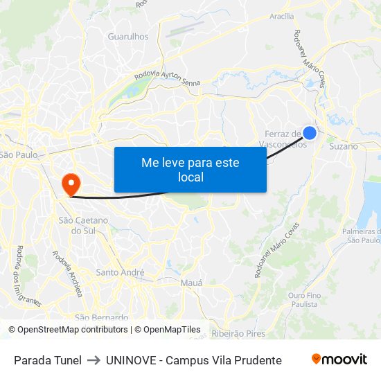 Parada Tunel to UNINOVE - Campus Vila Prudente map