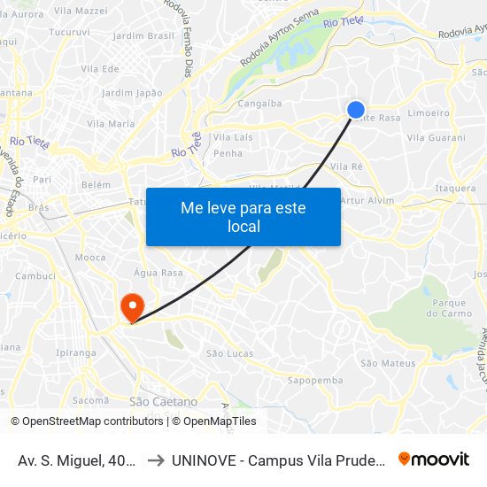 Av. S. Miguel, 4035 to UNINOVE - Campus Vila Prudente map