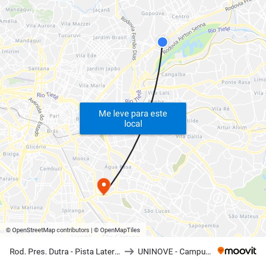 Rod. Pres. Dutra - Pista Lateral - R. Mavilda Neves to UNINOVE - Campus Vila Prudente map