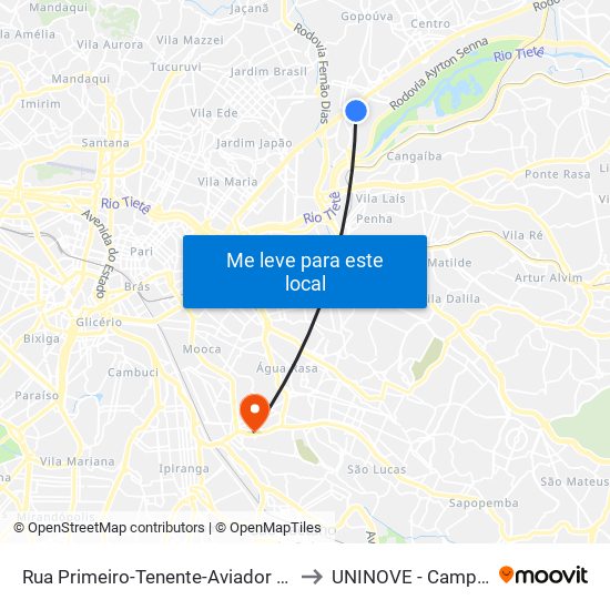 Rua Primeiro-Tenente-Aviador Aurélio Viêira Sampaio 111 to UNINOVE - Campus Vila Prudente map