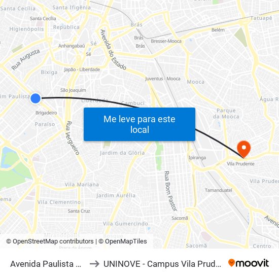 Avenida Paulista 901 to UNINOVE - Campus Vila Prudente map