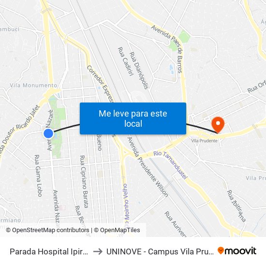 Parada Hospital Ipiranga to UNINOVE - Campus Vila Prudente map