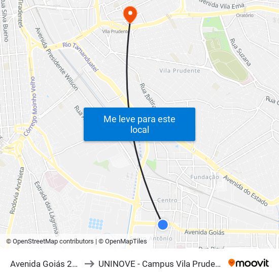 Avenida Goiás 260 to UNINOVE - Campus Vila Prudente map