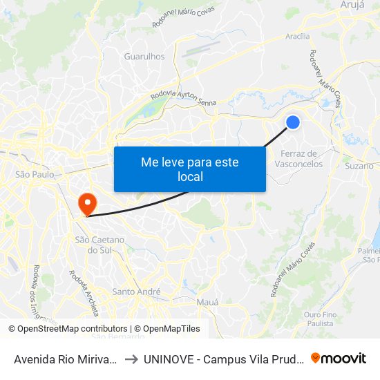 Avenida Rio Mirivaí 21 to UNINOVE - Campus Vila Prudente map