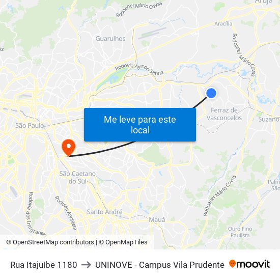 Rua Itajuíbe 1180 to UNINOVE - Campus Vila Prudente map