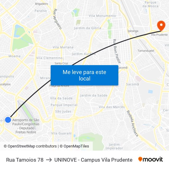 Rua Tamoios 78 to UNINOVE - Campus Vila Prudente map