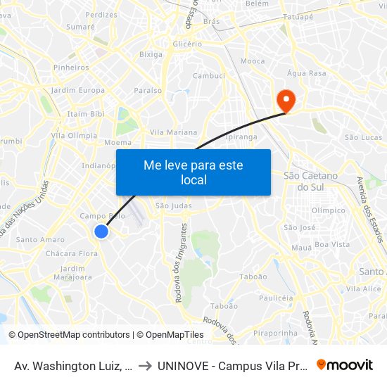 Av. Washington Luiz, 4859 to UNINOVE - Campus Vila Prudente map