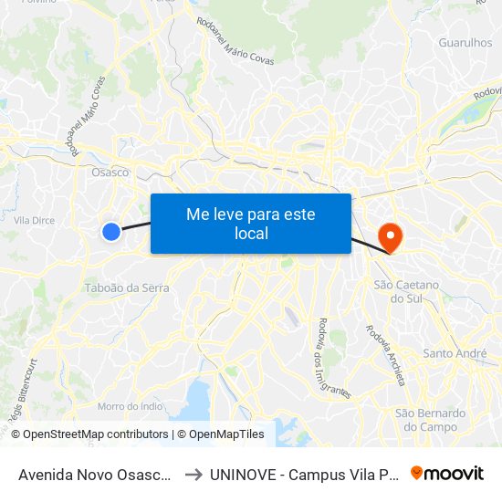 Avenida Novo Osasco 1257 to UNINOVE - Campus Vila Prudente map