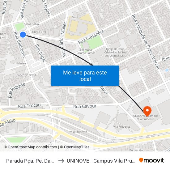 Parada Pça. Pe. Damião to UNINOVE - Campus Vila Prudente map