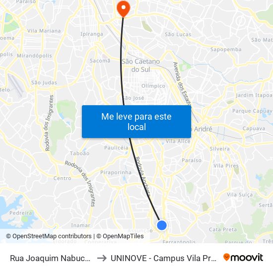 Rua Joaquim Nabuco 370 to UNINOVE - Campus Vila Prudente map