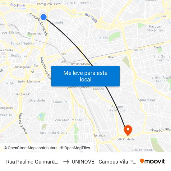 Rua Paulino Guimarães, 121 to UNINOVE - Campus Vila Prudente map