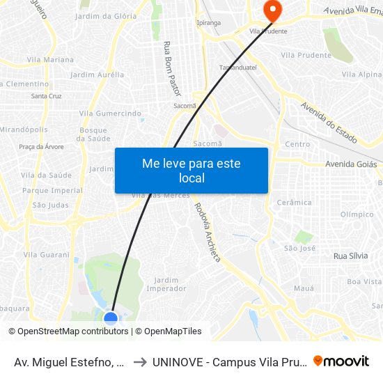 Av. Miguel Estefno, 4241 to UNINOVE - Campus Vila Prudente map