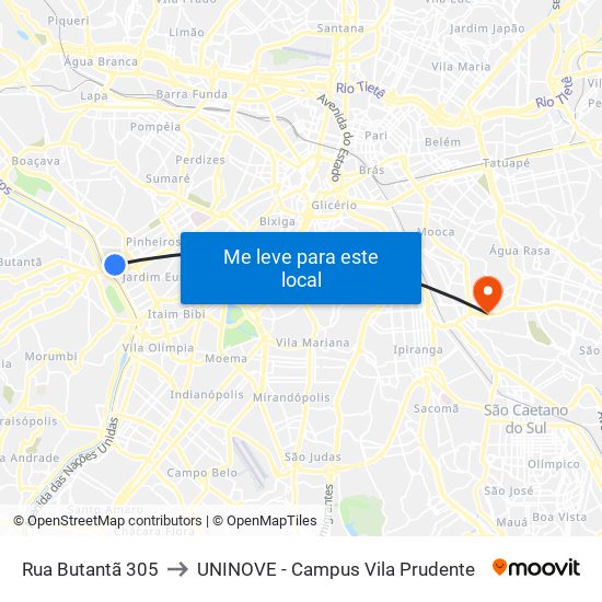 Rua Butantã 305 to UNINOVE - Campus Vila Prudente map