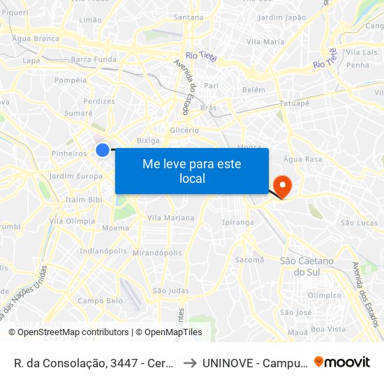 R. da Consolação, 3447 - Cerqueira César, São Paulo to UNINOVE - Campus Vila Prudente map