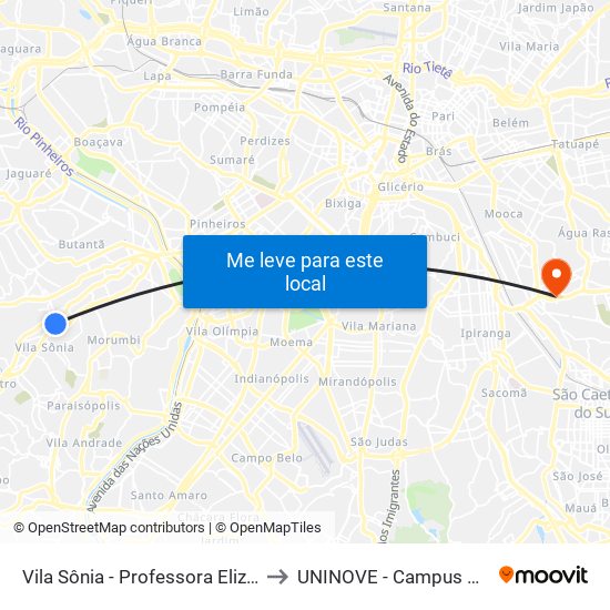 Vila Sônia - Professora Elizabeth Tenreiro to UNINOVE - Campus Vila Prudente map