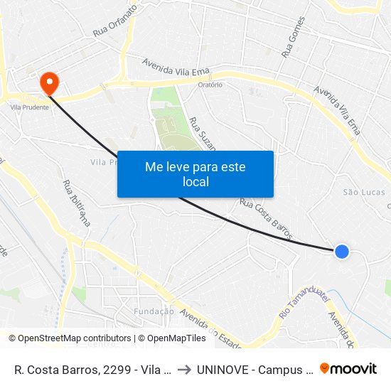 R. Costa Barros, 2299 - Vila Alpina, São Paulo to UNINOVE - Campus Vila Prudente map