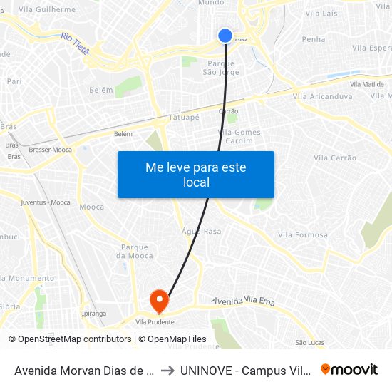 Av. Morvan Dias de Figueiredo to UNINOVE - Campus Vila Prudente map