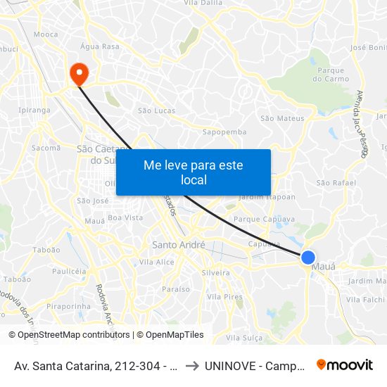 Av. Santa Catarina, 212-304 - Vila Santa Cecilia, Mauá to UNINOVE - Campus Vila Prudente map