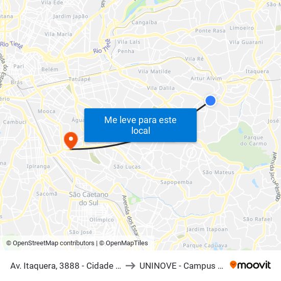 Av. Itaquera, 3888 - Cidade Líder, São Paulo to UNINOVE - Campus Vila Prudente map