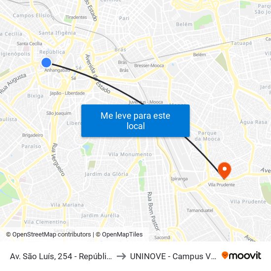 Av. São Luís, 254 - República, São Paulo to UNINOVE - Campus Vila Prudente map