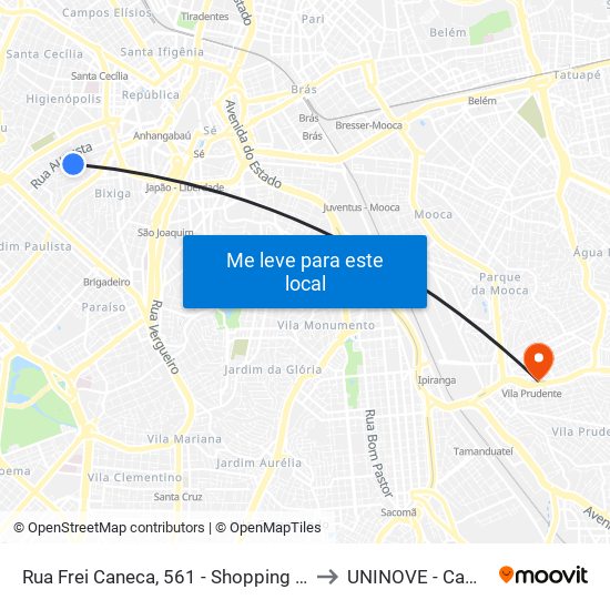 Rua Frei Caneca, 561 - Shopping Frei Caneca - Bela Vista, São Paulo to UNINOVE - Campus Vila Prudente map