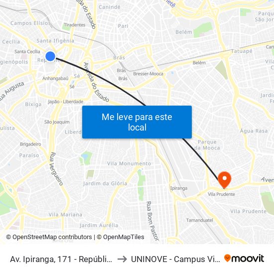 Av. Ipiranga, 171 - República, São Paulo to UNINOVE - Campus Vila Prudente map