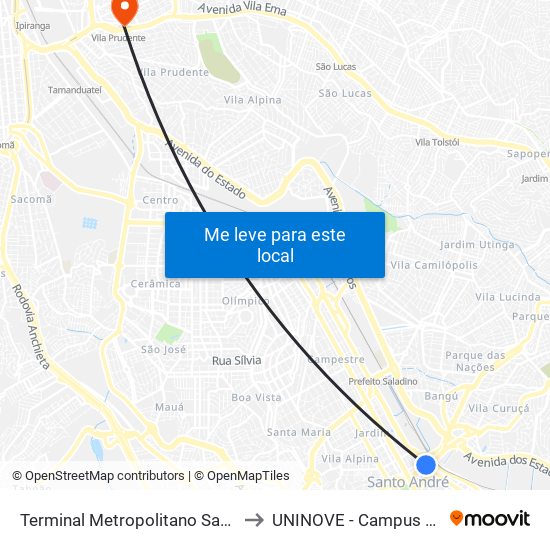 Terminal Metropolitano Santo André Oeste to UNINOVE - Campus Vila Prudente map