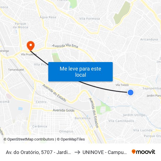 Av. do Oratório, 5707 - Jardim Mimar, São Paulo to UNINOVE - Campus Vila Prudente map