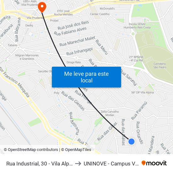 Rua Industrial, 30 - Vila Alpina, São Paulo to UNINOVE - Campus Vila Prudente map