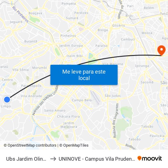 Ubs Jardim Olinda to UNINOVE - Campus Vila Prudente map