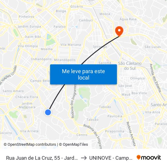 Rua Juan de La Cruz, 55 - Jardim Jabaquara, São Paulo to UNINOVE - Campus Vila Prudente map
