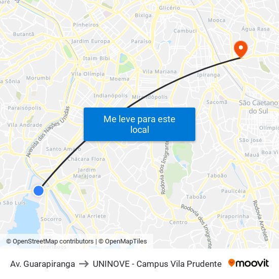 Av. Guarapiranga to UNINOVE - Campus Vila Prudente map