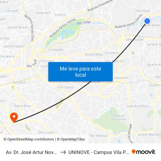 Av. Dr. José Artur Nova, 2748 to UNINOVE - Campus Vila Prudente map