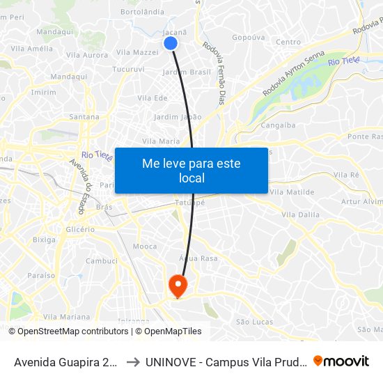 Av. Guapira, 2409 - Vila Constança, São Paulo to UNINOVE - Campus Vila Prudente map