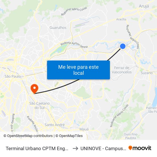 Terminal Urbano CPTM Engenheiro Manoel Feio to UNINOVE - Campus Vila Prudente map