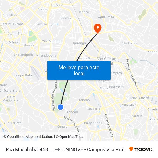 Rua Macahuba, 463-491 to UNINOVE - Campus Vila Prudente map