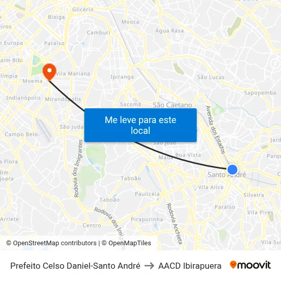 Prefeito Celso Daniel-Santo André to AACD Ibirapuera map