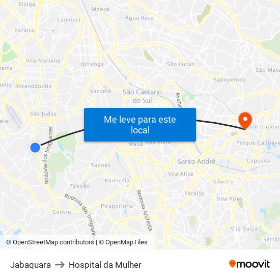 Jabaquara to Hospital da Mulher map