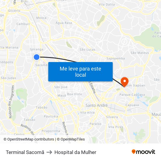 Terminal Sacomã to Hospital da Mulher map