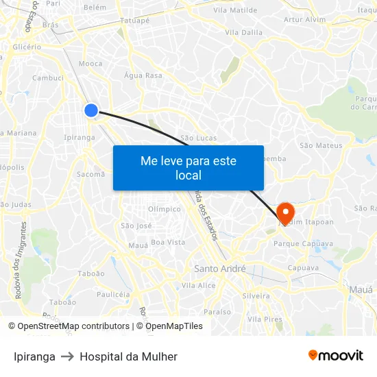 Ipiranga to Hospital da Mulher map