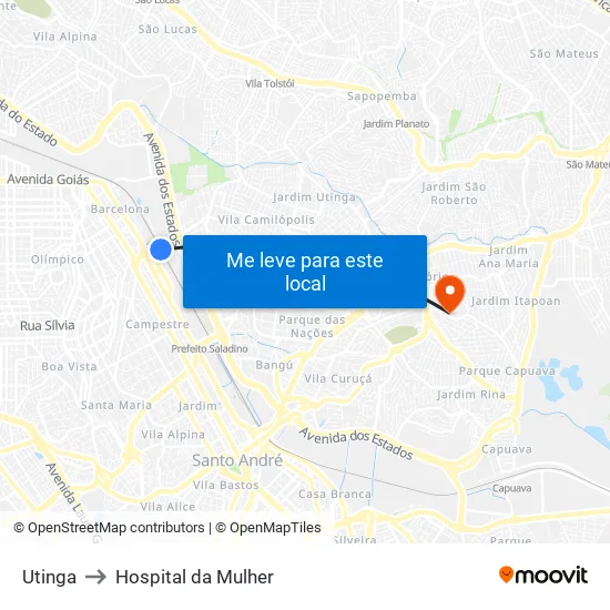 Utinga to Hospital da Mulher map