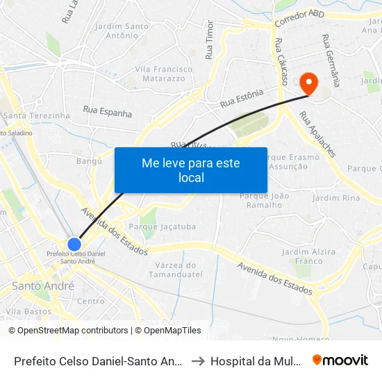 Prefeito Celso Daniel-Santo André to Hospital da Mulher map
