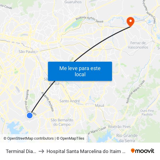 Terminal Diadema to Hospital Santa Marcelina do Itaim Paulista O.S.S map