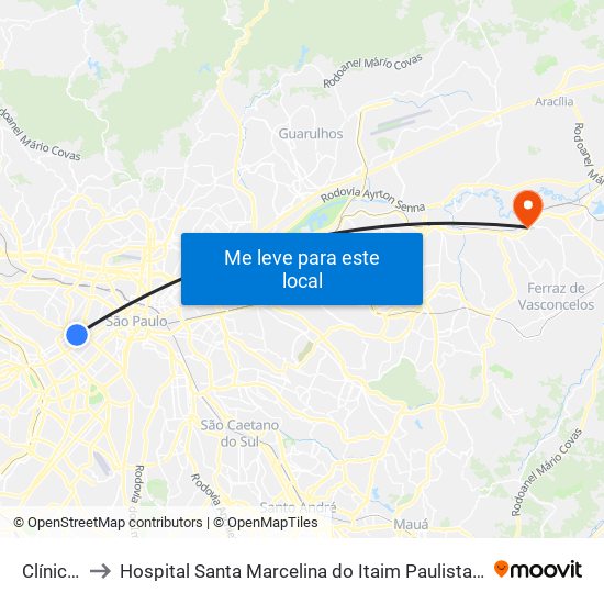 Clínicas to Hospital Santa Marcelina do Itaim Paulista O.S.S map