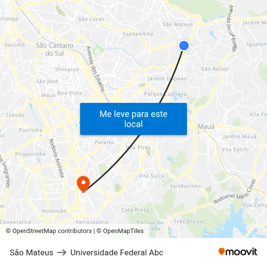 São Mateus to Universidade Federal Abc map
