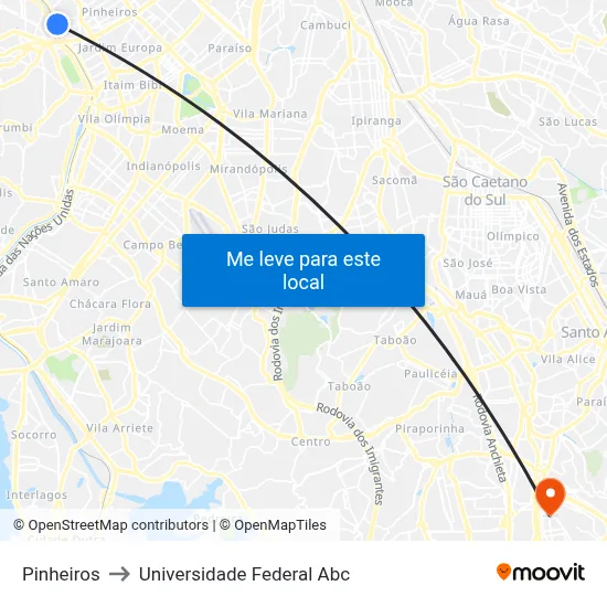 Pinheiros to Universidade Federal Abc map