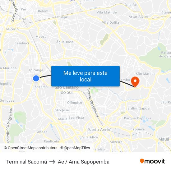 Terminal Sacomã to Ae / Ama Sapopemba map