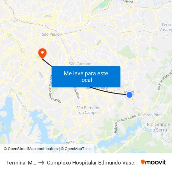 Terminal Mauá to Complexo Hospitalar Edmundo Vasconcelos map