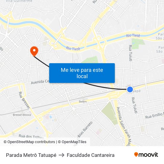 Parada Metrô Tatuapé to Faculdade Cantareira map
